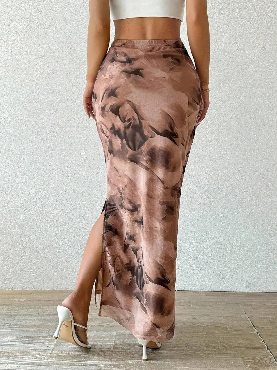 Women's Floral Midi Skirt Mesh Slit Split Long Summer Maxi Skirts Women Outfit