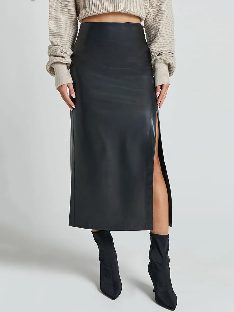 Women's High Waisted Faux Leather Pencil Skirt Side Slit Bodycon Fit Long Midi Skirt