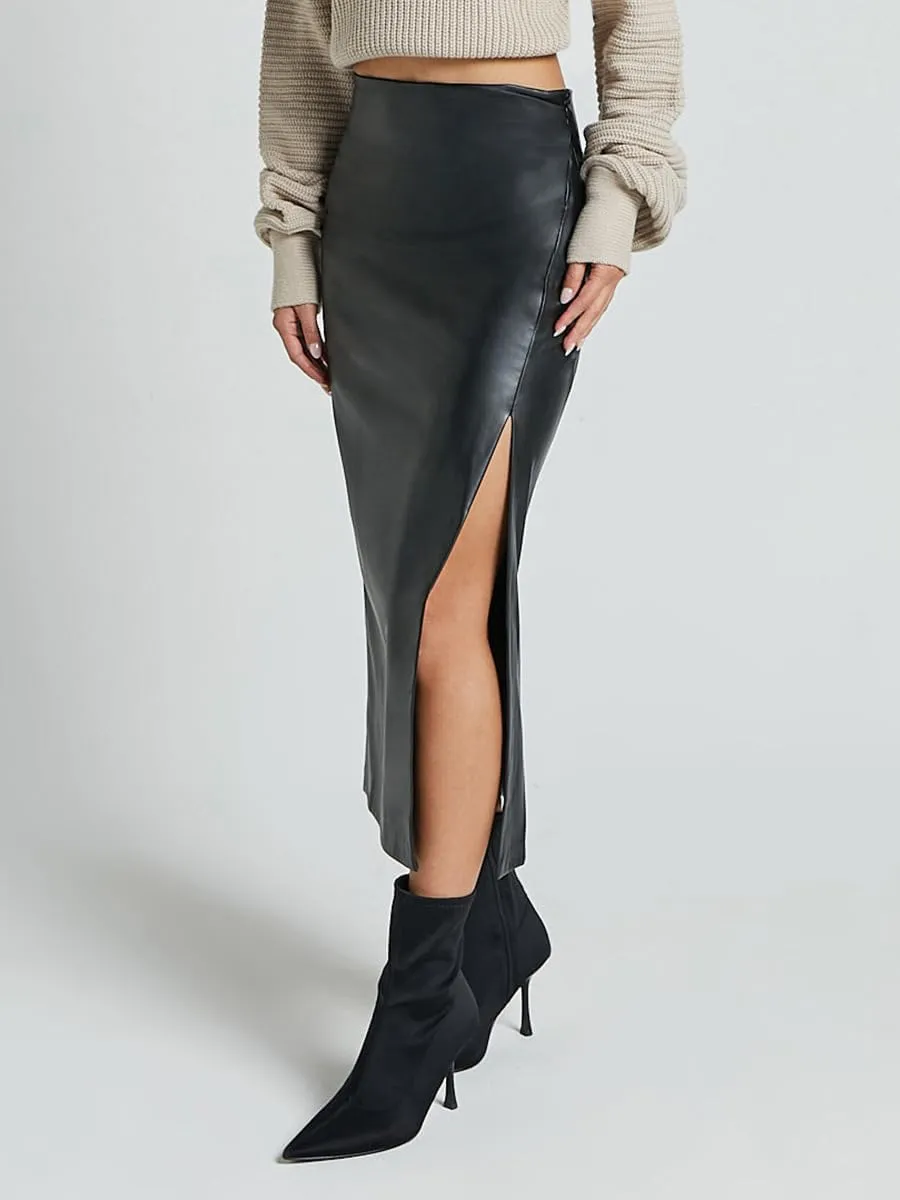 Women's High Waisted Faux Leather Pencil Skirt Side Slit Bodycon Fit Long Midi Skirt