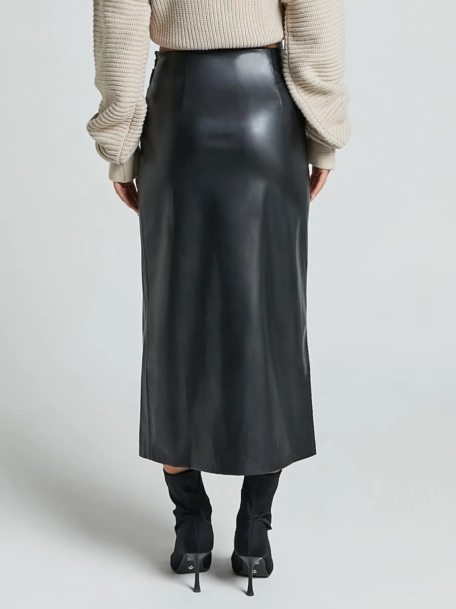 Women's High Waisted Faux Leather Pencil Skirt Side Slit Bodycon Fit Long Midi Skirt