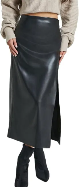 Women's High Waisted Faux Leather Pencil Skirt Side Slit Bodycon Fit Long Midi Skirt