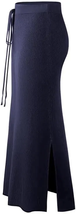 Womens Knit Long Skirts with Side Slit | Ribbed High Waist Stretch Skirt with Drawstring, Casual Solid Dresses