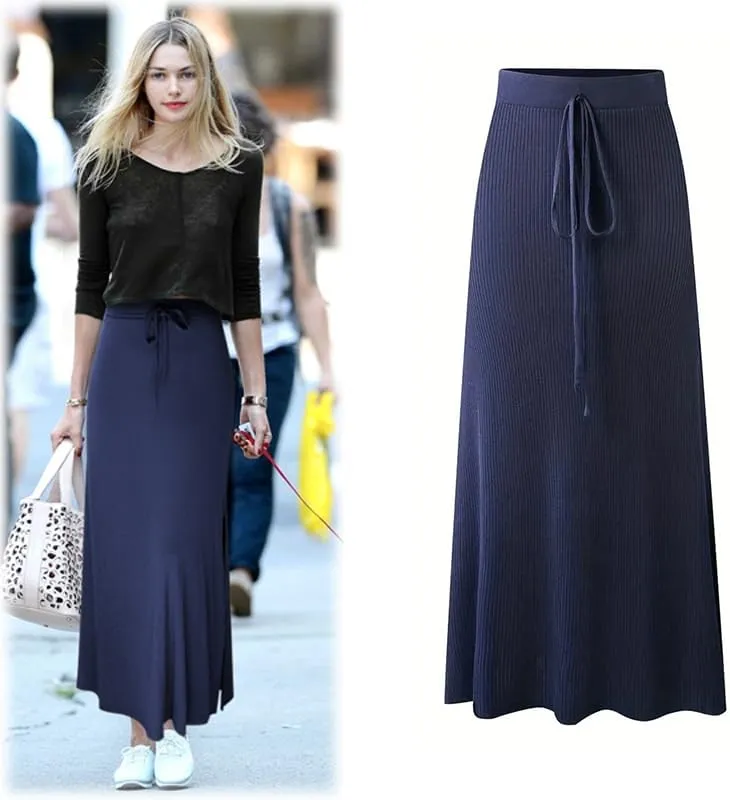 Womens Knit Long Skirts with Side Slit | Ribbed High Waist Stretch Skirt with Drawstring, Casual Solid Dresses