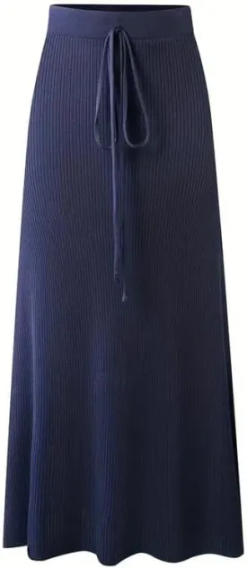 Womens Knit Long Skirts with Side Slit | Ribbed High Waist Stretch Skirt with Drawstring, Casual Solid Dresses