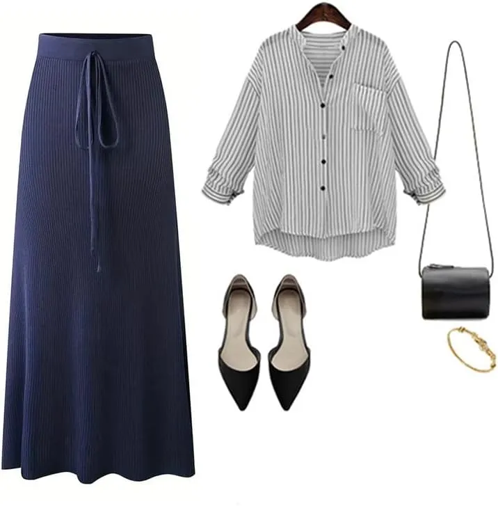 Womens Knit Long Skirts with Side Slit | Ribbed High Waist Stretch Skirt with Drawstring, Casual Solid Dresses