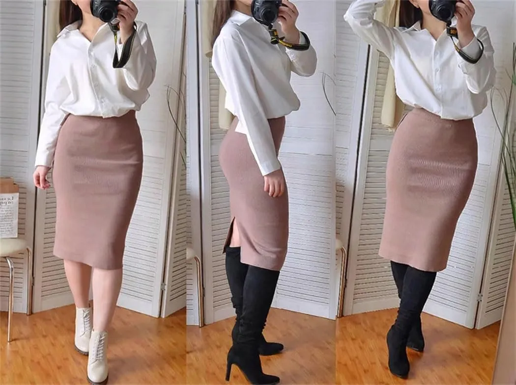 Women's Large Size Knit Pencil Skirt Elastic High Waist Split Midi Skirt Basic Office Casual Wrap Hip Skirt