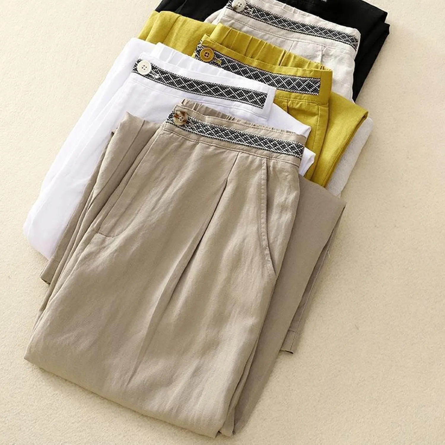Women's Linen Cropped Wide Leg Pants Casual Waistband lace Palazzo Lightweight Beach Trousers Outfits with Pockets