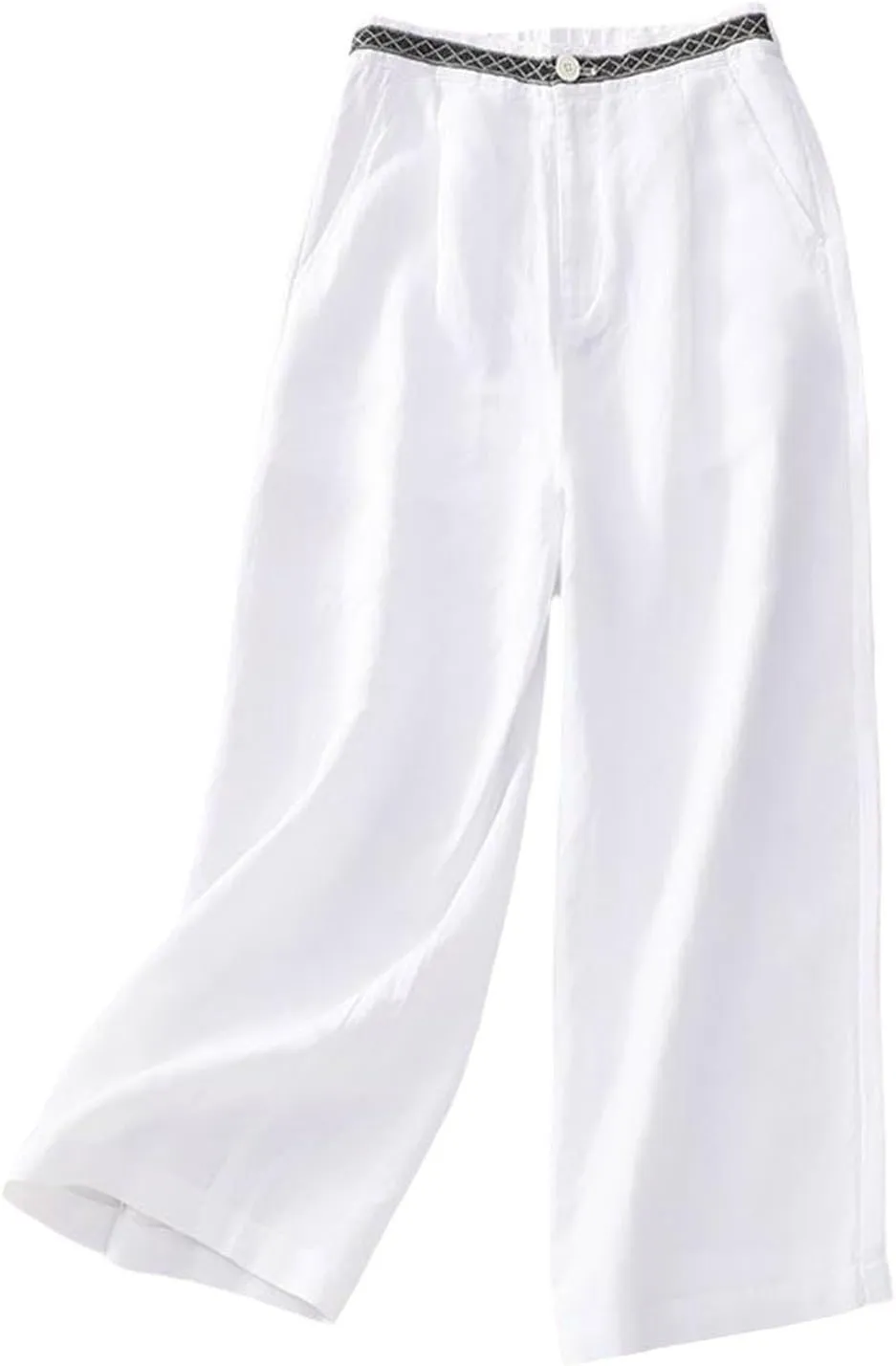 Women's Linen Cropped Wide Leg Pants Casual Waistband lace Palazzo Lightweight Beach Trousers Outfits with Pockets