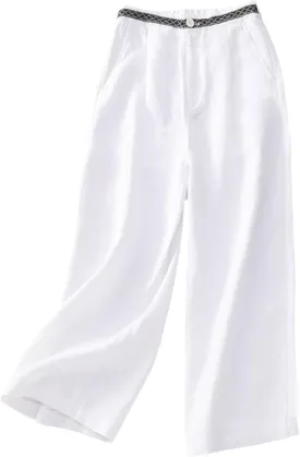 Women's Linen Cropped Wide Leg Pants Casual Waistband lace Palazzo Lightweight Beach Trousers Outfits with Pockets