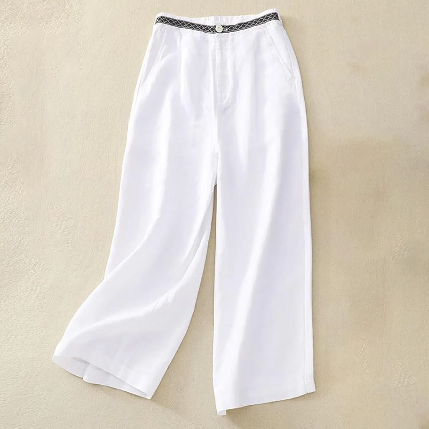 Women's Linen Cropped Wide Leg Pants Casual Waistband lace Palazzo Lightweight Beach Trousers Outfits with Pockets