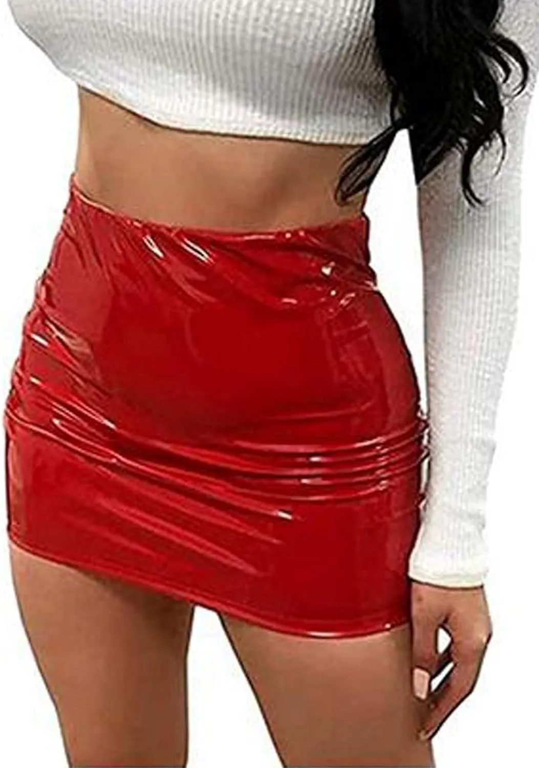 Women's Neon Leather Mini Skirt PU Bodycon Pencil Sexy Slim High Waist Elastic Pencil Latex Skirt Party Clubwear