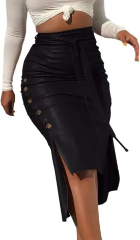 Women's Sexy Faux Leather Midi Skirt High Waist Button Trim Slim Slit Bodycon Pencil Skirt with Belt