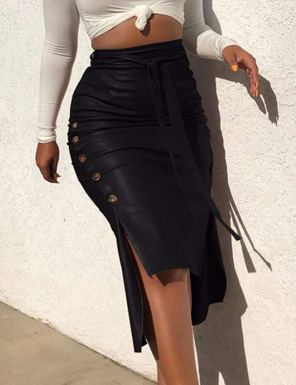 Women's Sexy Faux Leather Midi Skirt High Waist Button Trim Slim Slit Bodycon Pencil Skirt with Belt