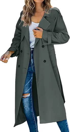Women's Trench Coat Loose Casual Notched Collar Double Breasted Coat Belted Midi Long Fall Cardigan with Pockets