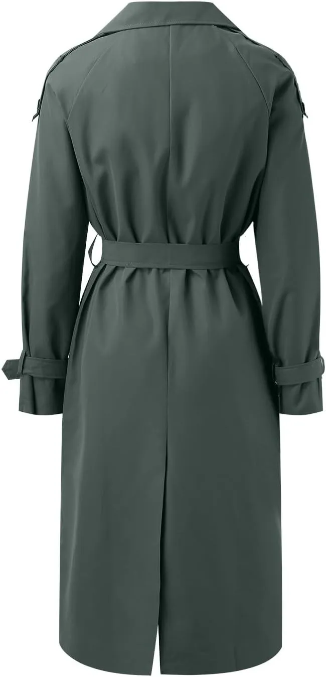 Women's Trench Coat Loose Casual Notched Collar Double Breasted Coat Belted Midi Long Fall Cardigan with Pockets