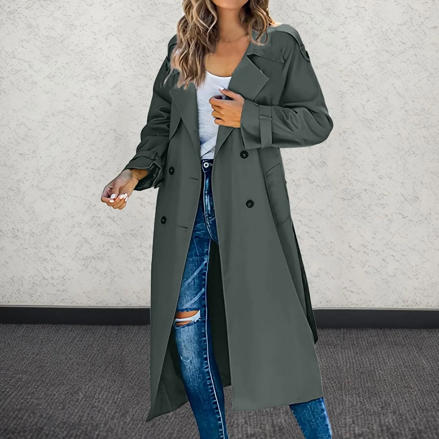 Women's Trench Coat Loose Casual Notched Collar Double Breasted Coat Belted Midi Long Fall Cardigan with Pockets