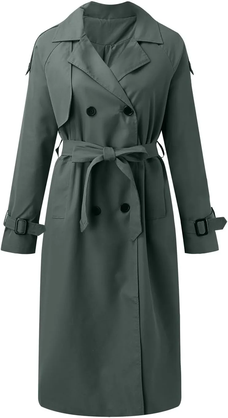Women's Trench Coat Loose Casual Notched Collar Double Breasted Coat Belted Midi Long Fall Cardigan with Pockets
